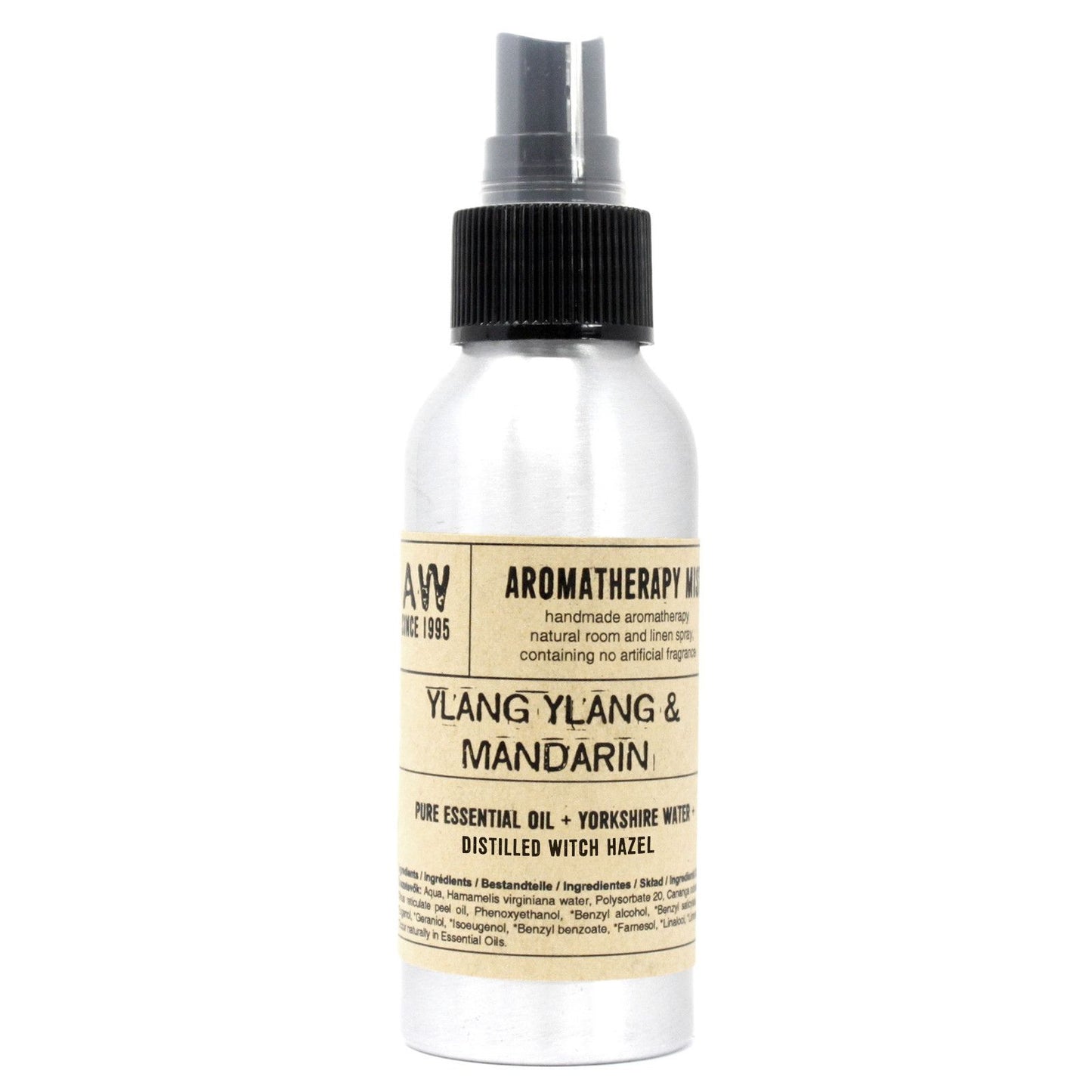 A 100ml amber glass bottle of Ylang Ylang and Mandarin essential oil mist with a spray nozzle.