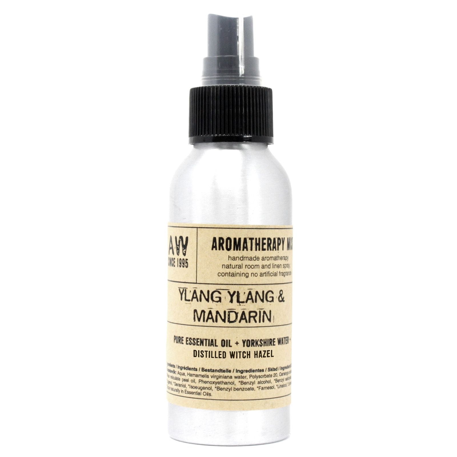 A 100ml amber glass bottle of Ylang Ylang and Mandarin essential oil mist with a spray nozzle.
