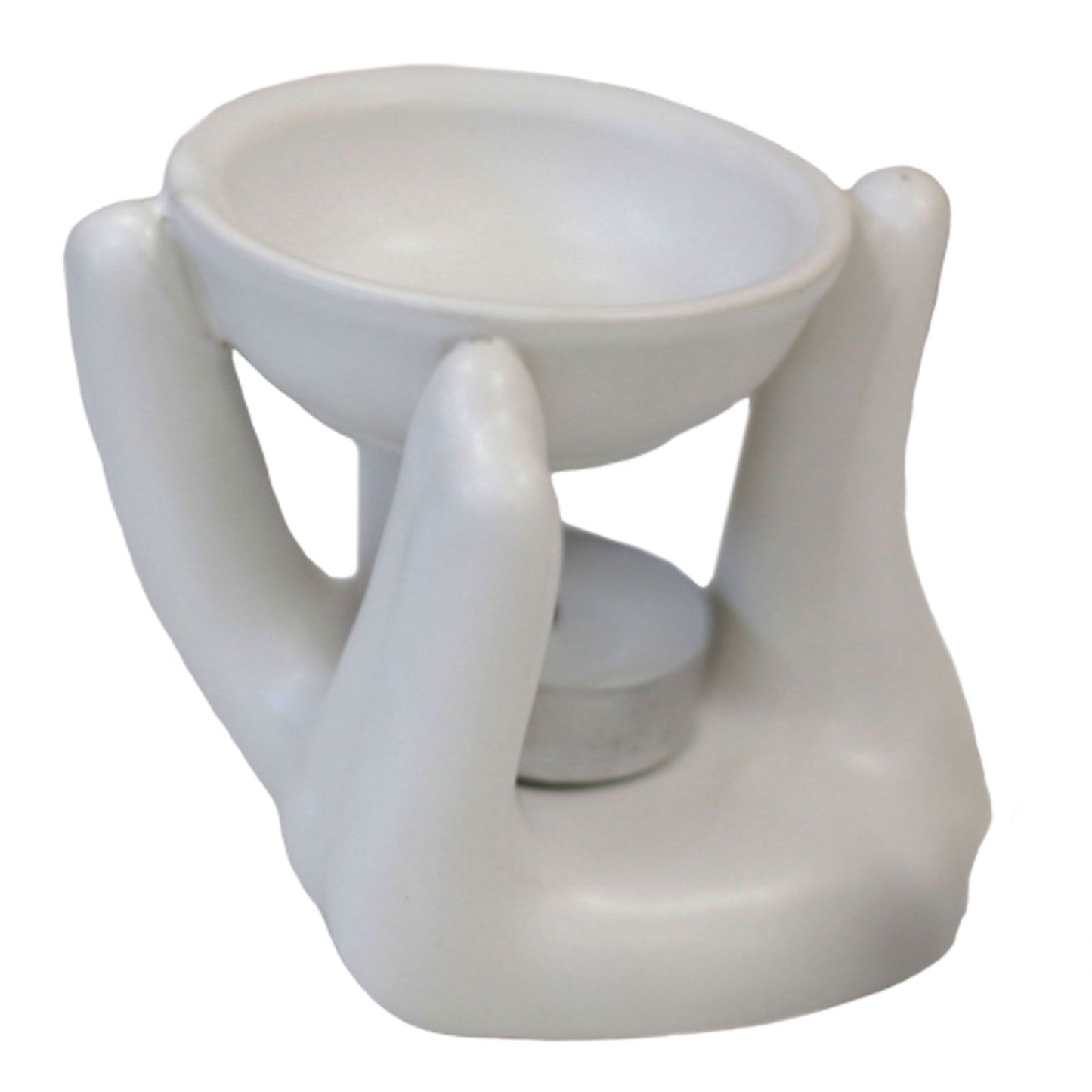 Elegant white ceramic oil burner shaped like a cupped hand holding a small bowl for fragrance oils and wax melts.