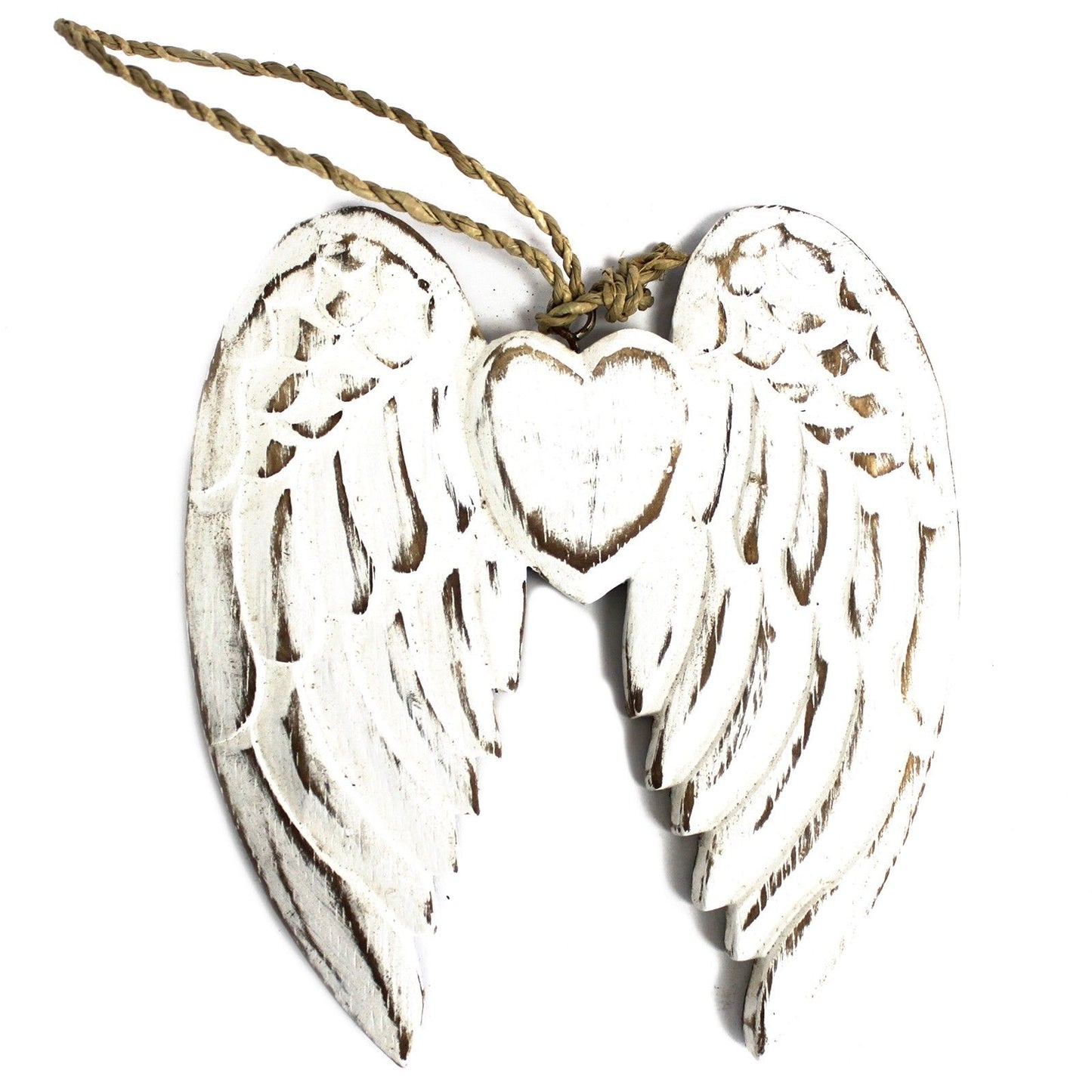 Hand-carved small double angel wings with a central heart, featuring a white-washed distressed wood finish.