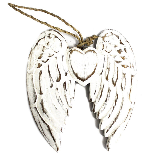 Hand-carved small double angel wings with a central heart, featuring a white-washed distressed wood finish.