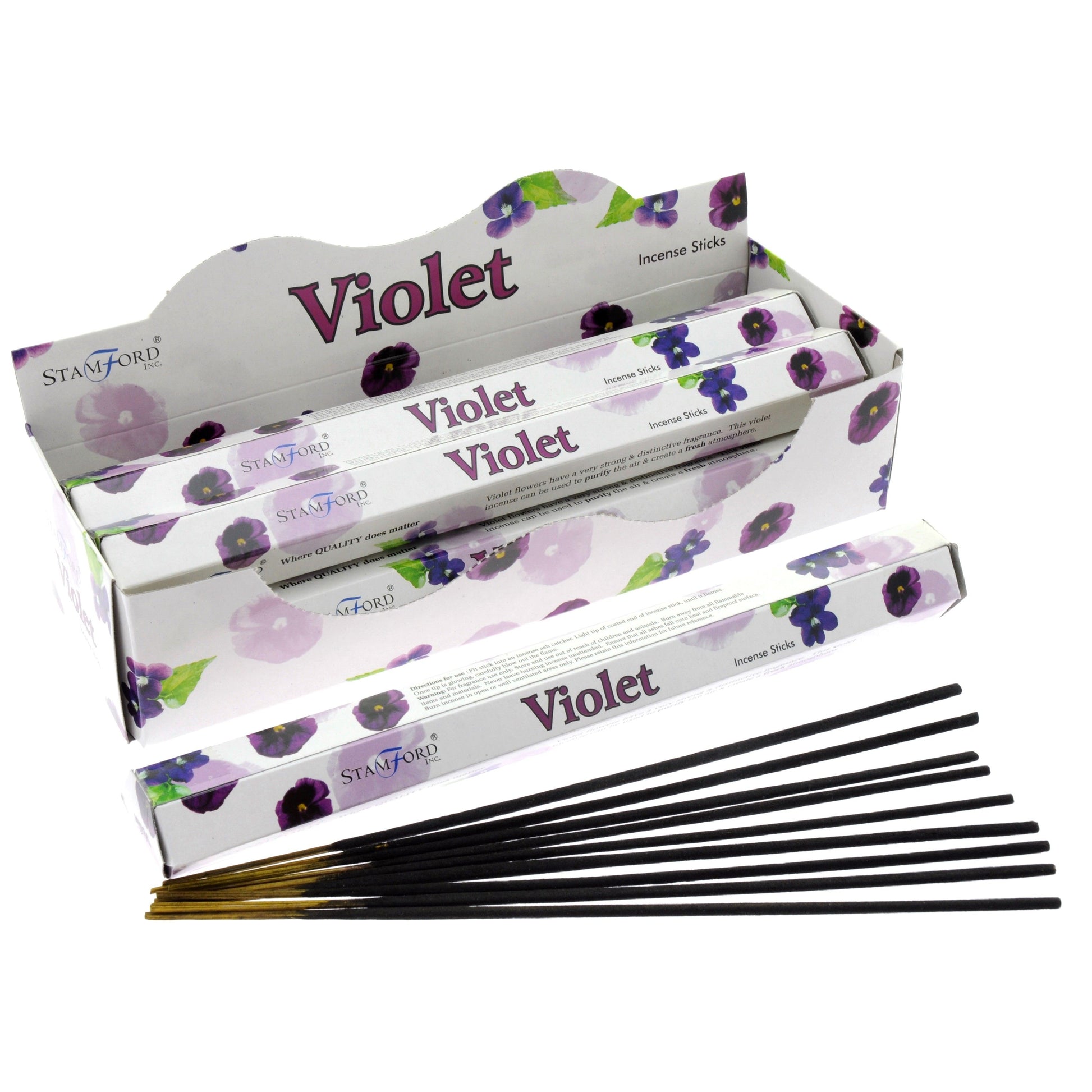 Hexagonal box of violet-scented incense sticks with a floral design on a neutral background.