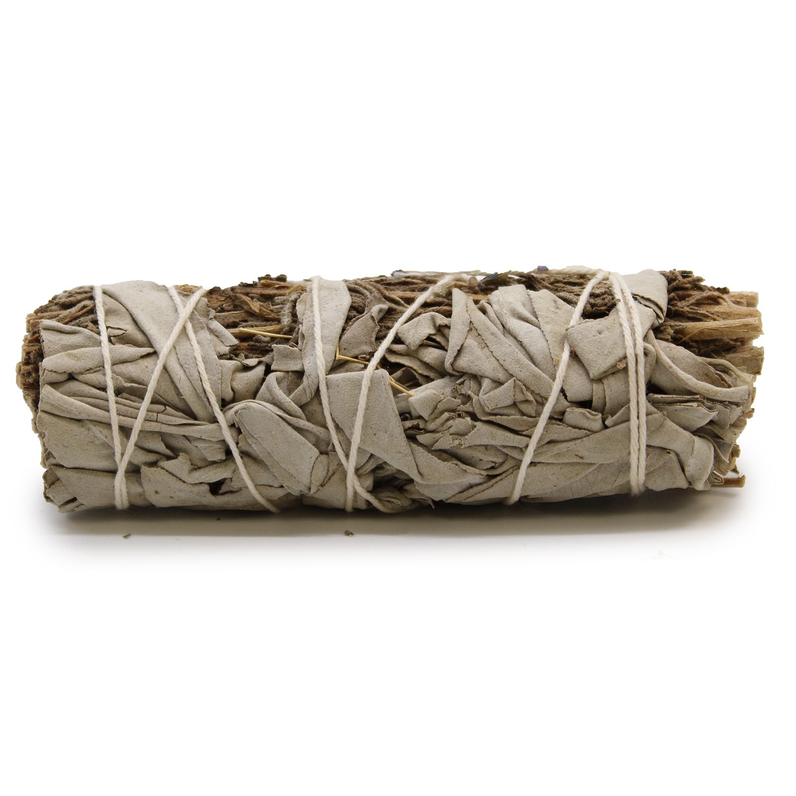 Hand-tied 10cm smudge stick bundle featuring dried white sage leaves and purple lavender sprigs.