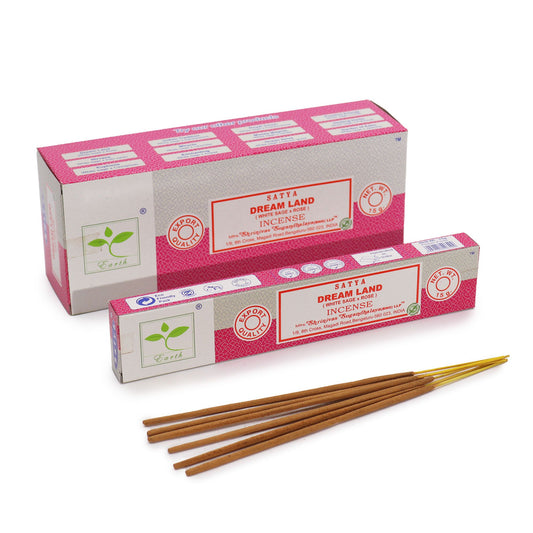 A 15g pack of Dream Land incense sticks featuring a serene white sage and rose petal design on the packaging.