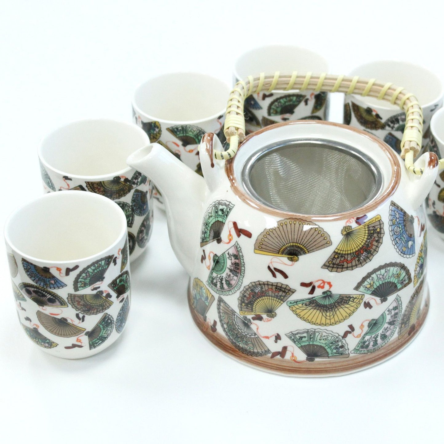 Elegant white ceramic teapot and six matching cups featuring a traditional blue and red Chinese fan pattern.