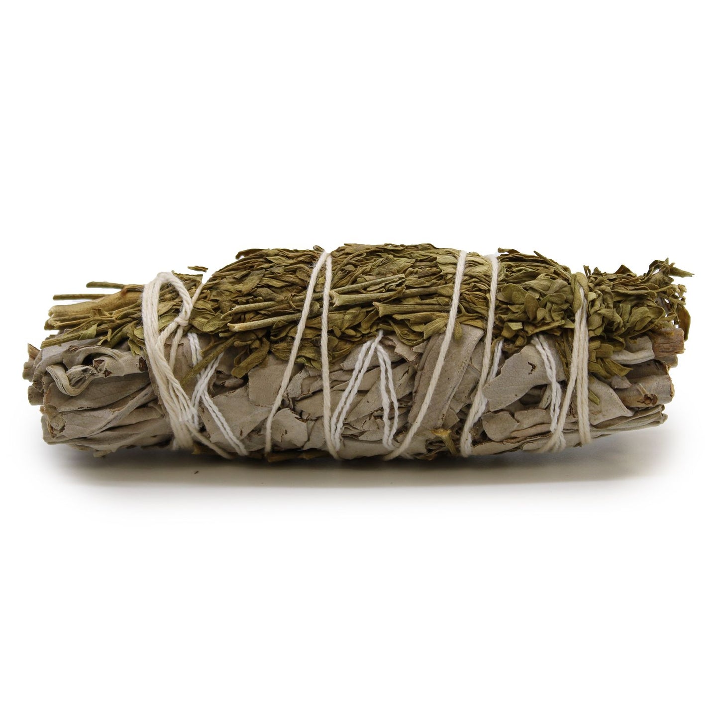 A 10cm hand-tied smudge stick made of dried white sage leaves and ruda herbs.