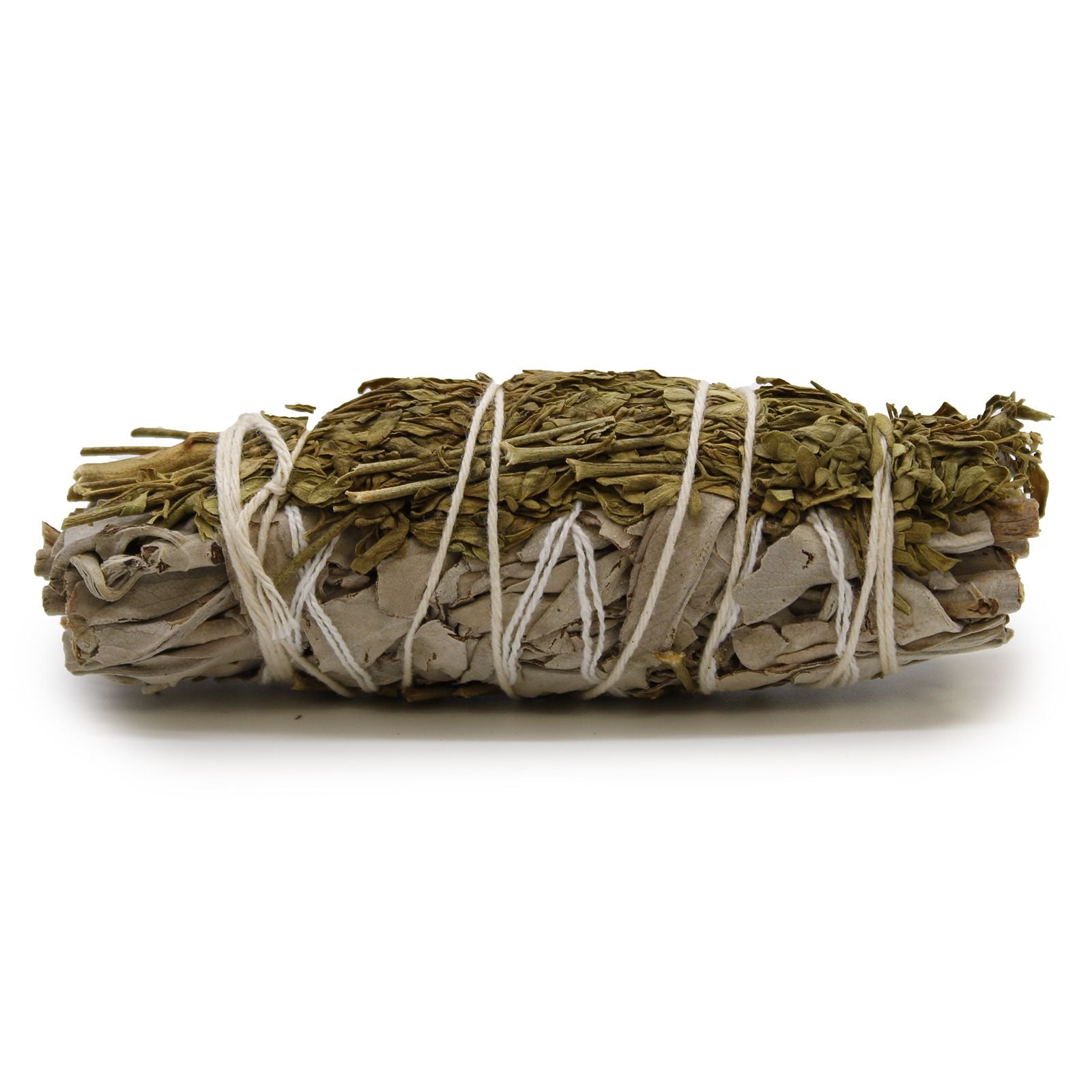 A 10cm hand-tied smudge stick made of dried white sage leaves and ruda herbs.