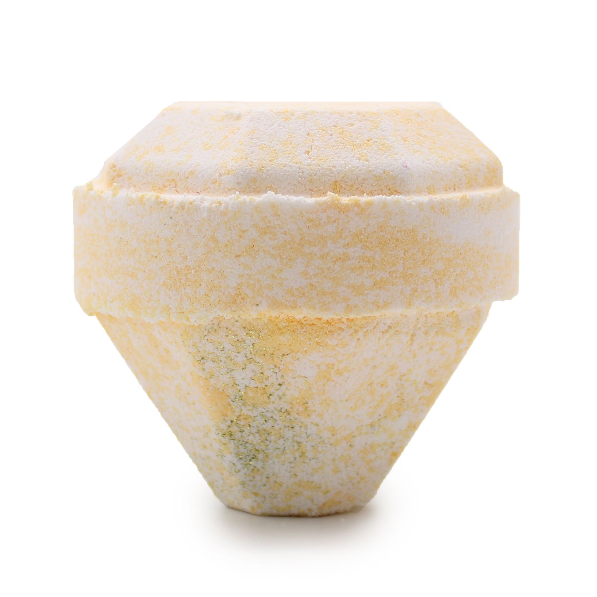 Luxurious white and gold gemstone-shaped bath bomb with a glossy finish and intricate faceted design.