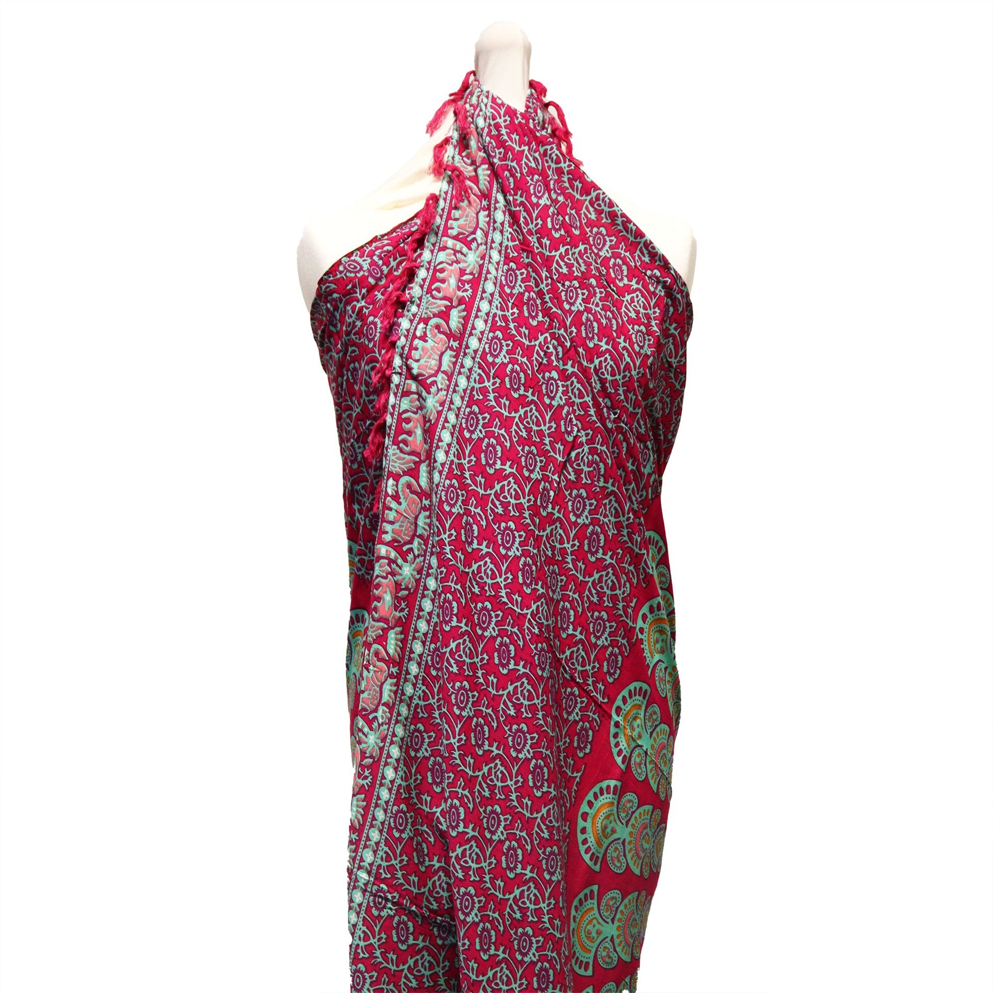 Lightweight fabric sarong featuring an intricate teal and purple mandala pattern with decorative borders.
