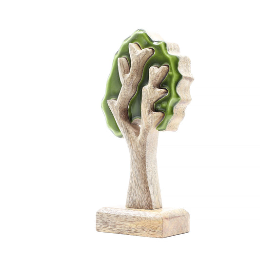 Handcrafted standalone 3D tree ornament made from natural mango wood with vibrant green enamel layered leaves.
