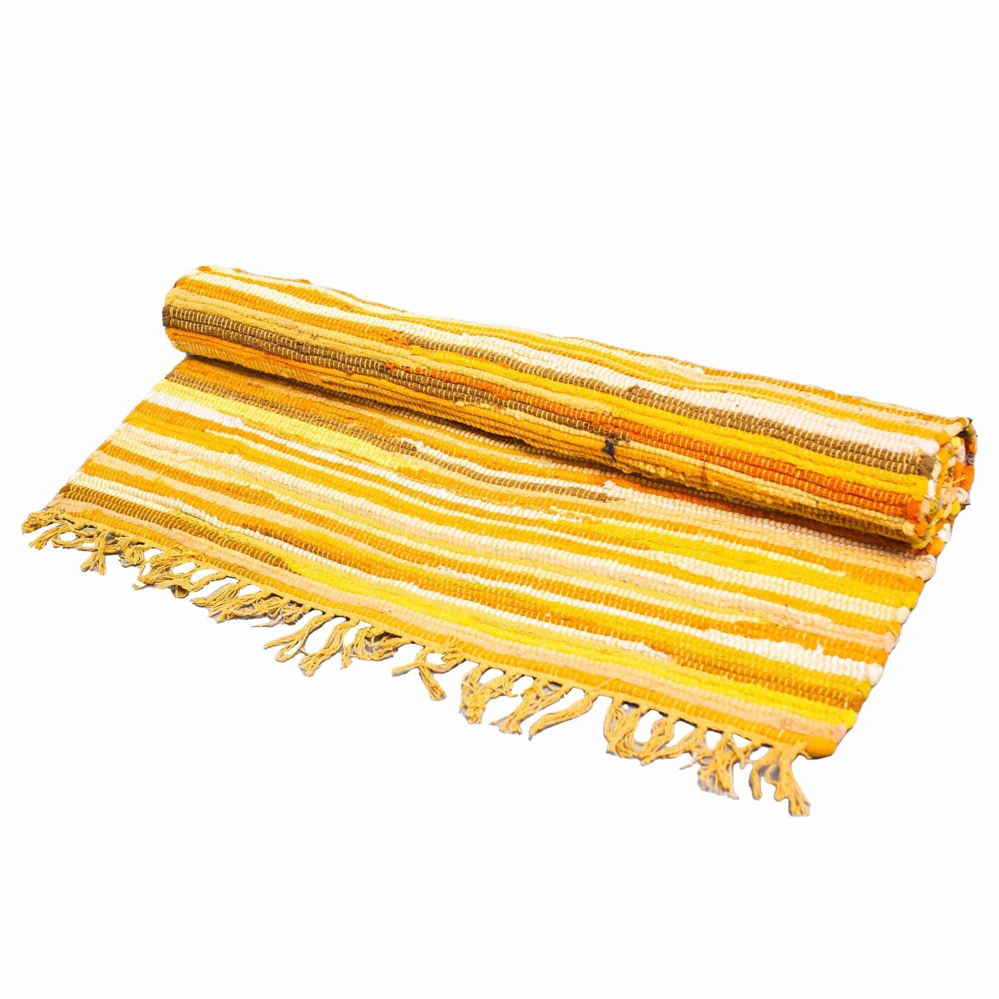 Large rectangular hand-woven rag rug featuring a vibrant blend of radiant sunrise orange and warm citrus tones.