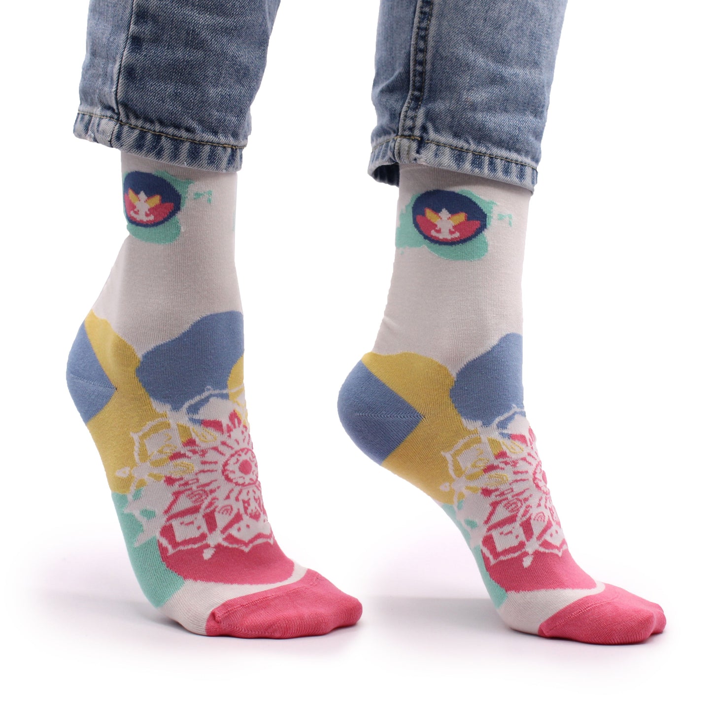 Soft bamboo socks featuring a peaceful meditation theme design in size small to medium.