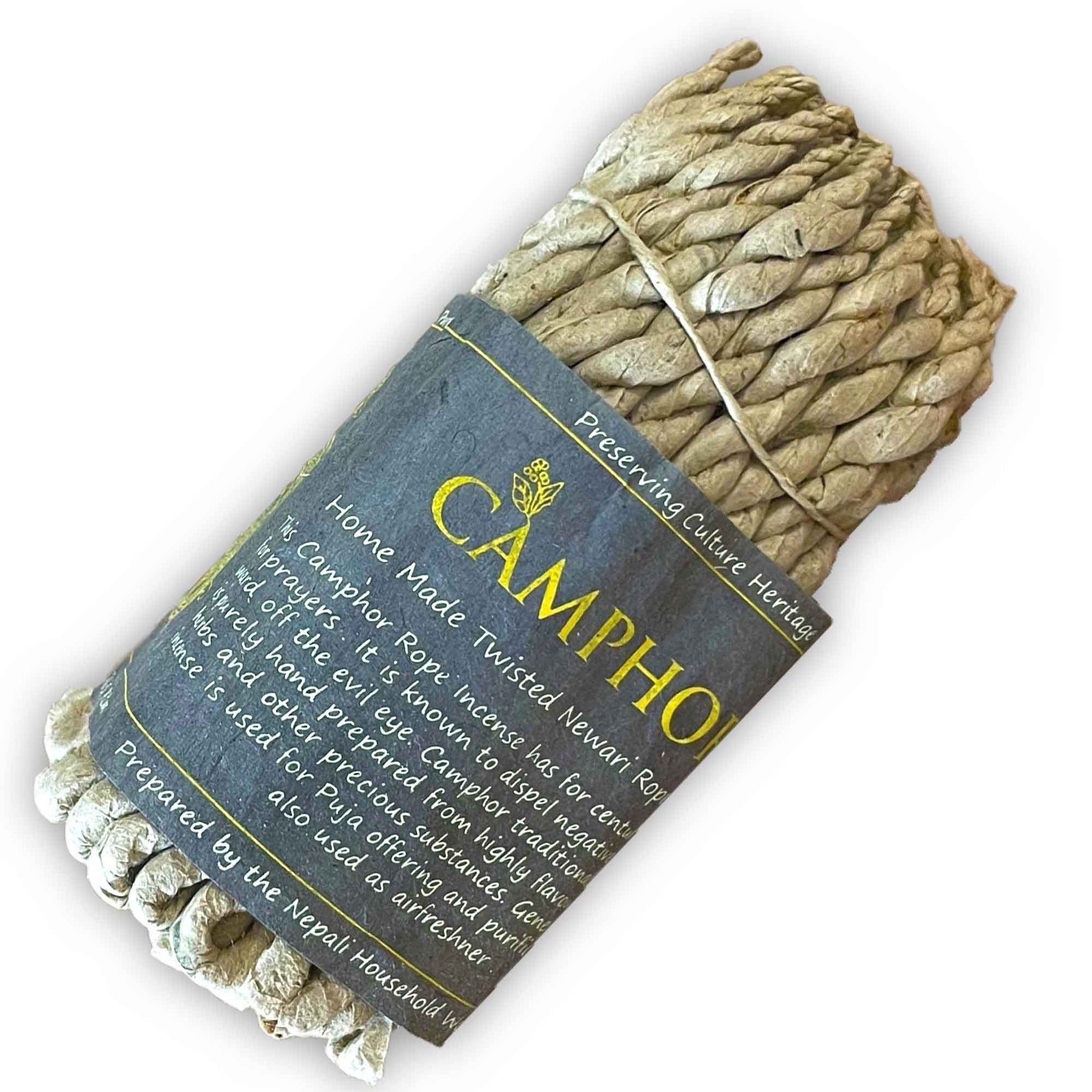 Hand-rolled traditional rope incense bundle with a textured herbal appearance.