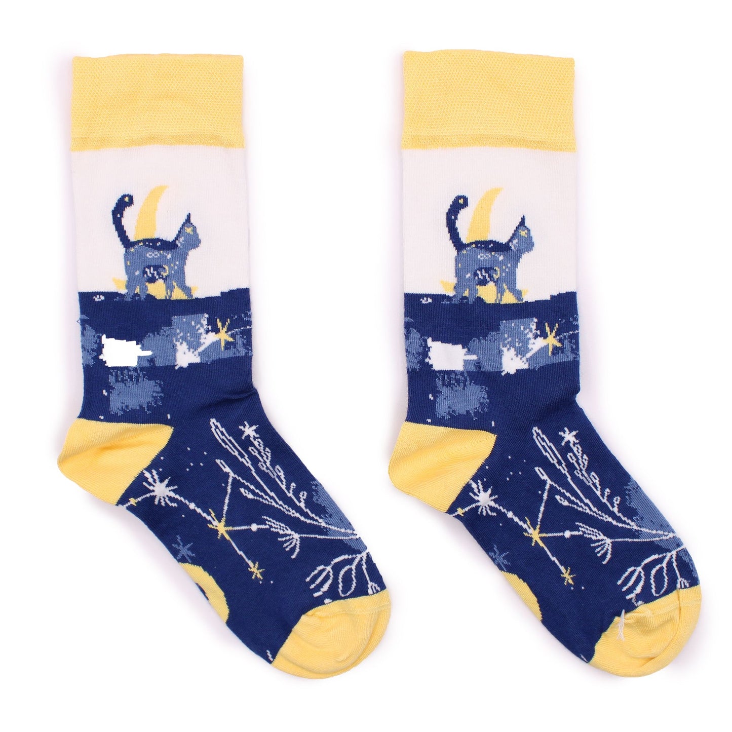 Soft bamboo socks featuring a whimsical midnight cat design in a dark colour palette.