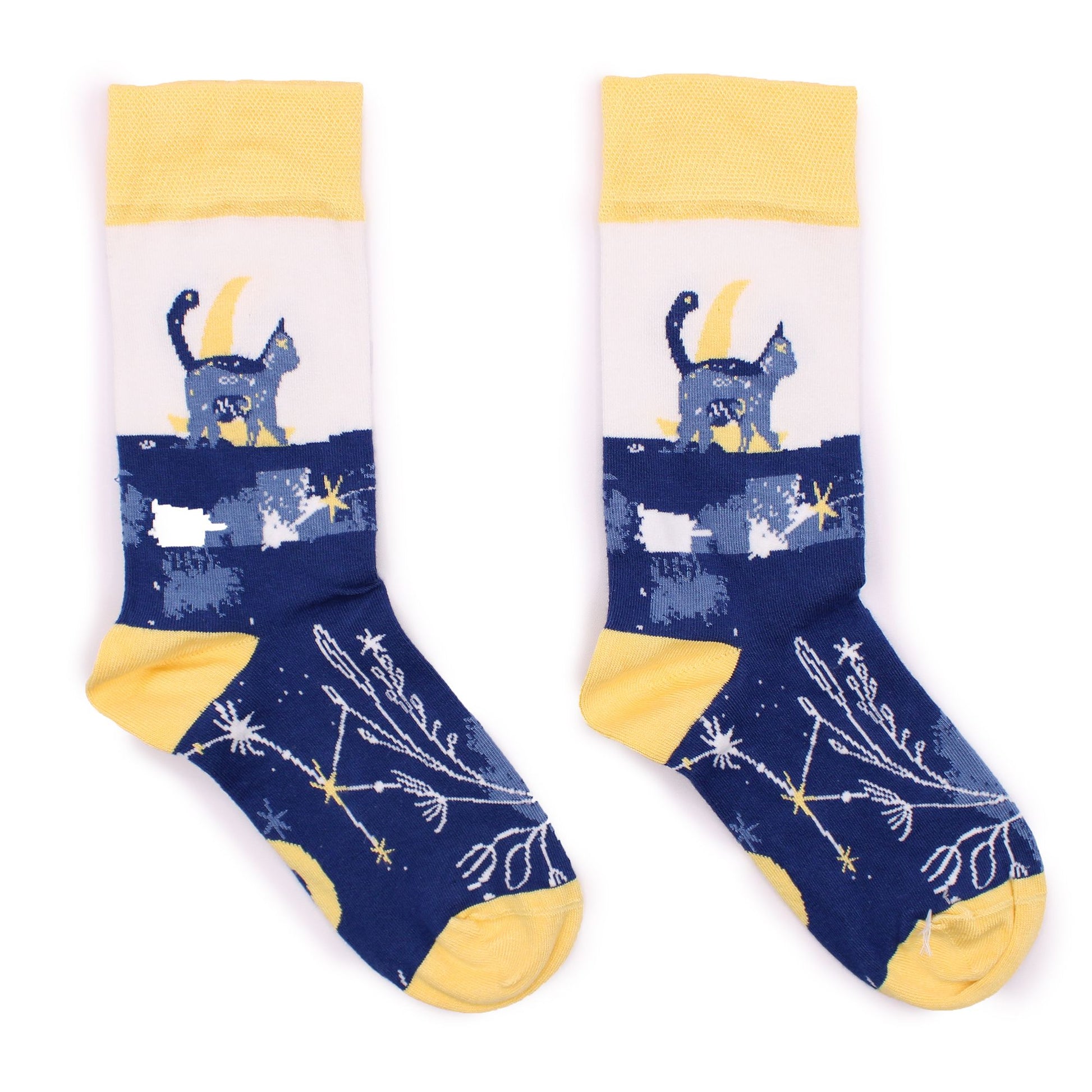 Soft bamboo socks featuring a whimsical midnight cat design in a dark colour palette.