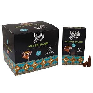 Backflow incense cones scented with white sage, designed for use with a backflow burner to create a downward smoke effect.