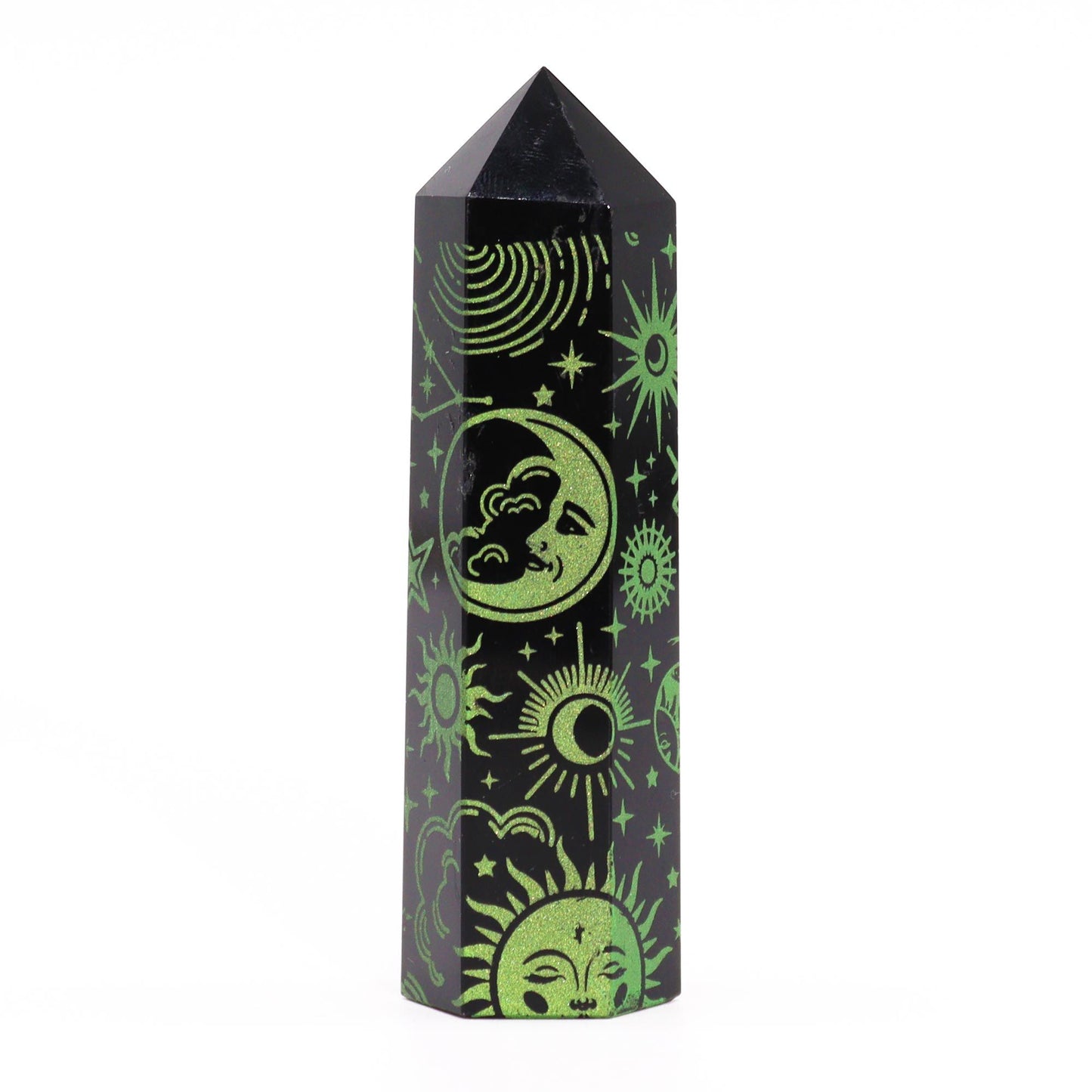 Polished black obsidian crystal point with intricate forest green celestial patterns standing upright.