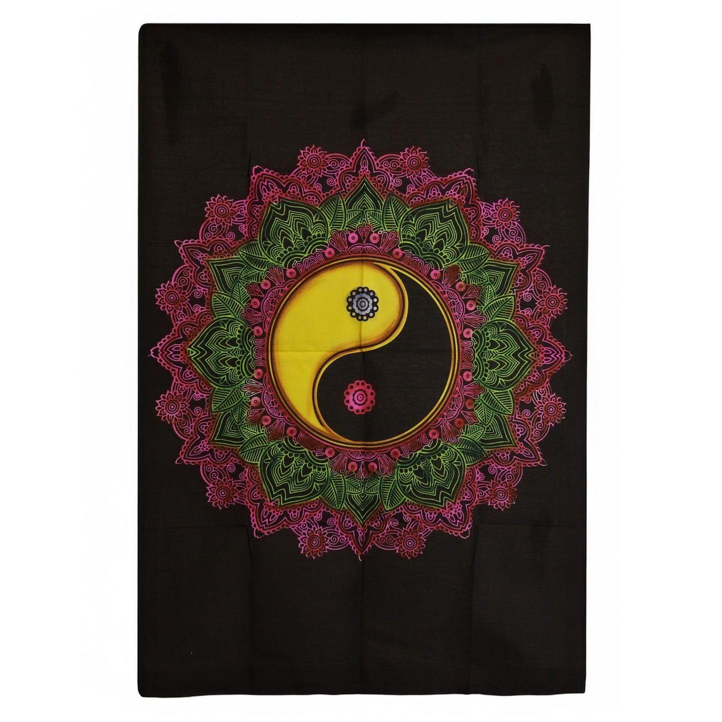Cotton wall hanging featuring a central Yin Yang symbol surrounded by vibrant pink and green mandala patterns on black.