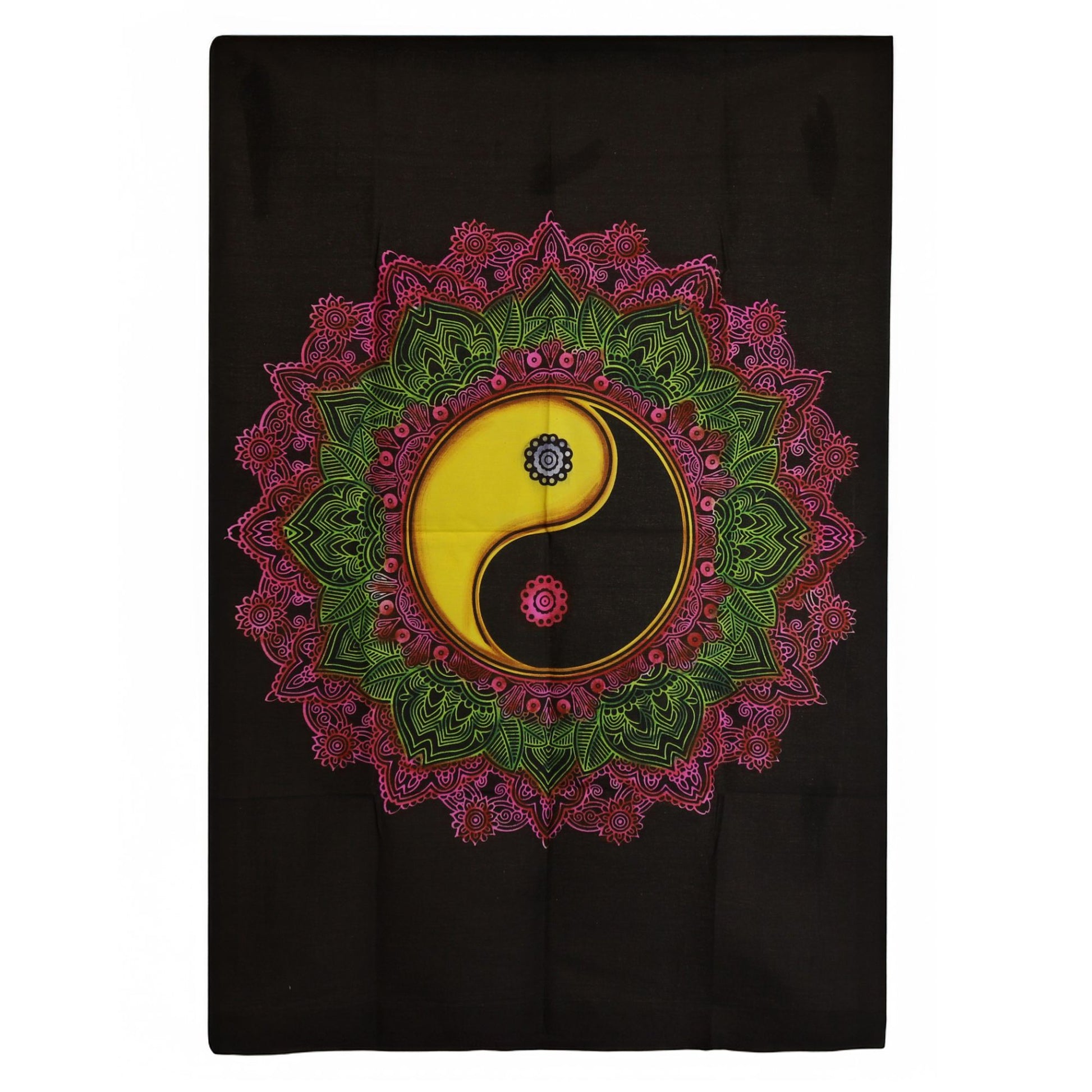 Cotton wall hanging featuring a central Yin Yang symbol surrounded by vibrant pink and green mandala patterns on black.
