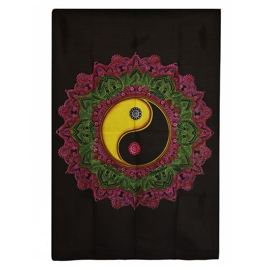 Cotton wall hanging featuring a central Yin Yang symbol surrounded by vibrant pink and green mandala patterns on black.