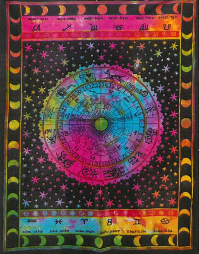 Large cotton wall hanging featuring a colourful astrological zodiac wheel design against a dark starry sky backdrop.