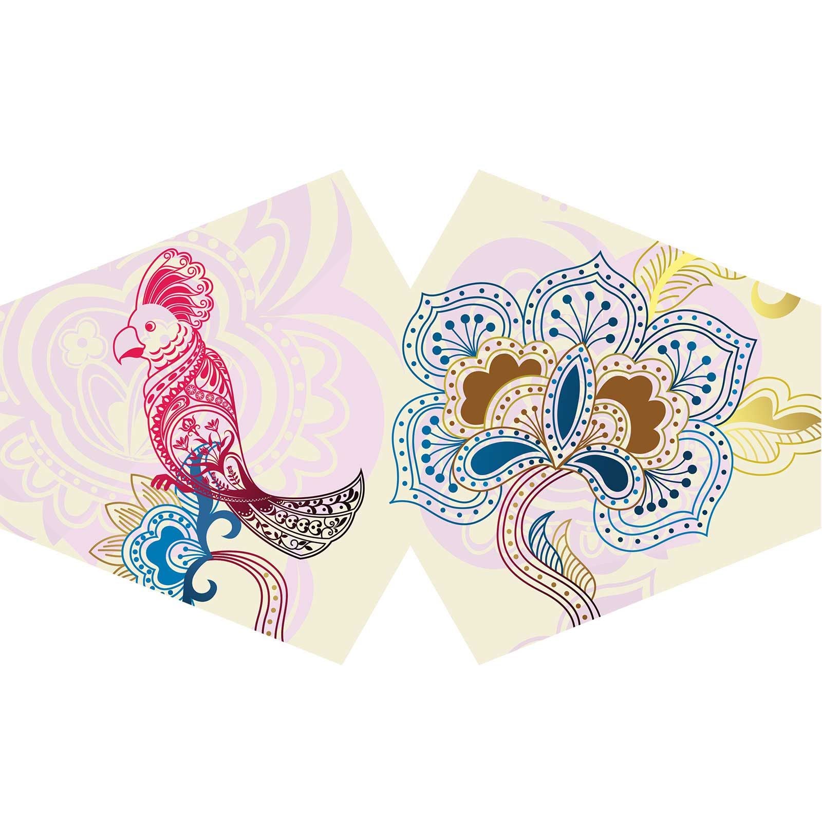 Adult reusable fabric face covering featuring a vibrant colourful mandala parrot design on a black background.