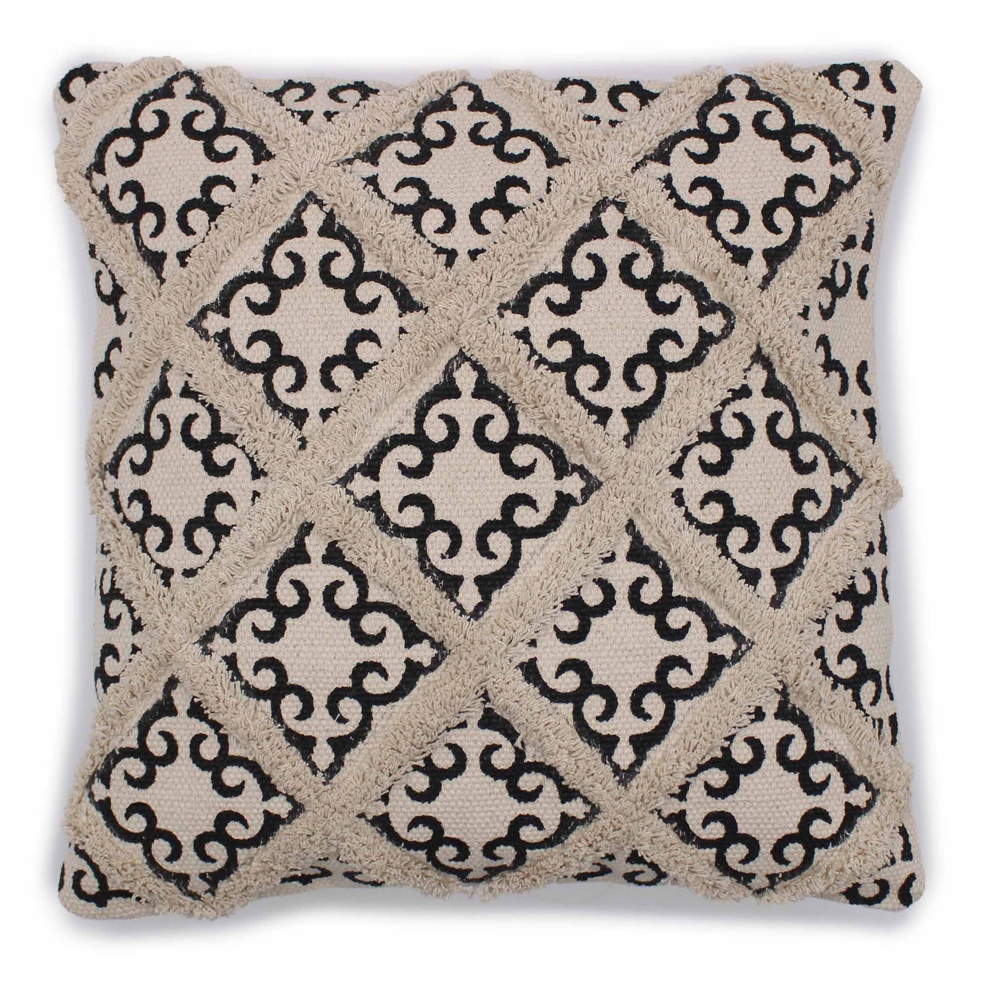 Square cotton cushion cover featuring a traditional Indian geometric criss-cross print in neutral tones.