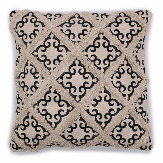 Square cotton cushion cover featuring a traditional Indian geometric criss-cross print in neutral tones.