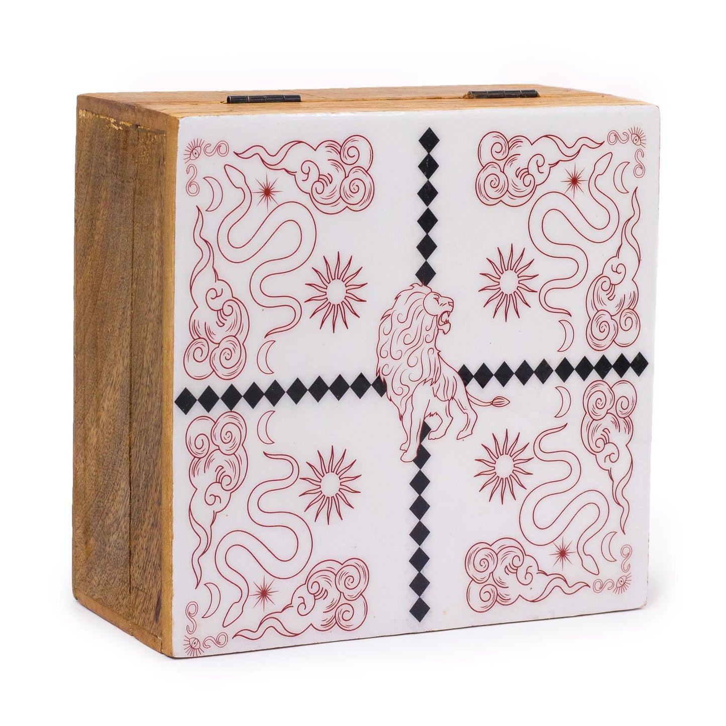 Large square wooden box with a vibrant enameled lid featuring a majestic lion surrounded by serpents.