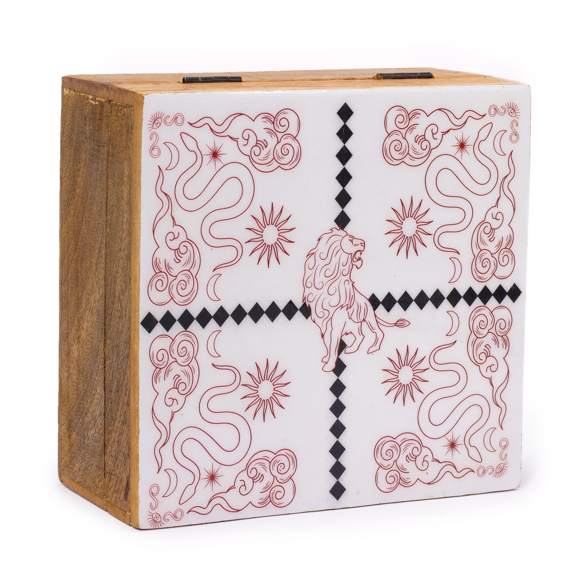 Large square wooden box with a vibrant enameled lid featuring a majestic lion surrounded by serpents.