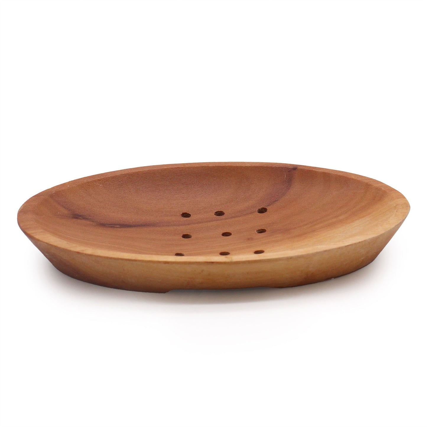 Handcrafted oval mahogany wood soap dish with elegant natural grain and drainage slots on a white background.