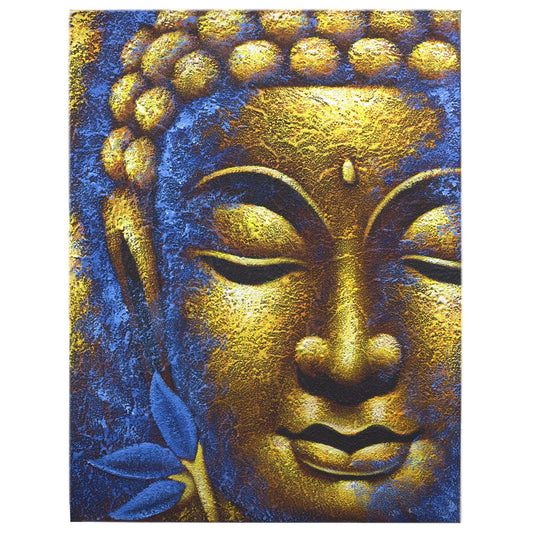 Hand-painted Buddha artwork featuring a serene gold face and a delicate pink lotus flower on a high-quality canvas frame.