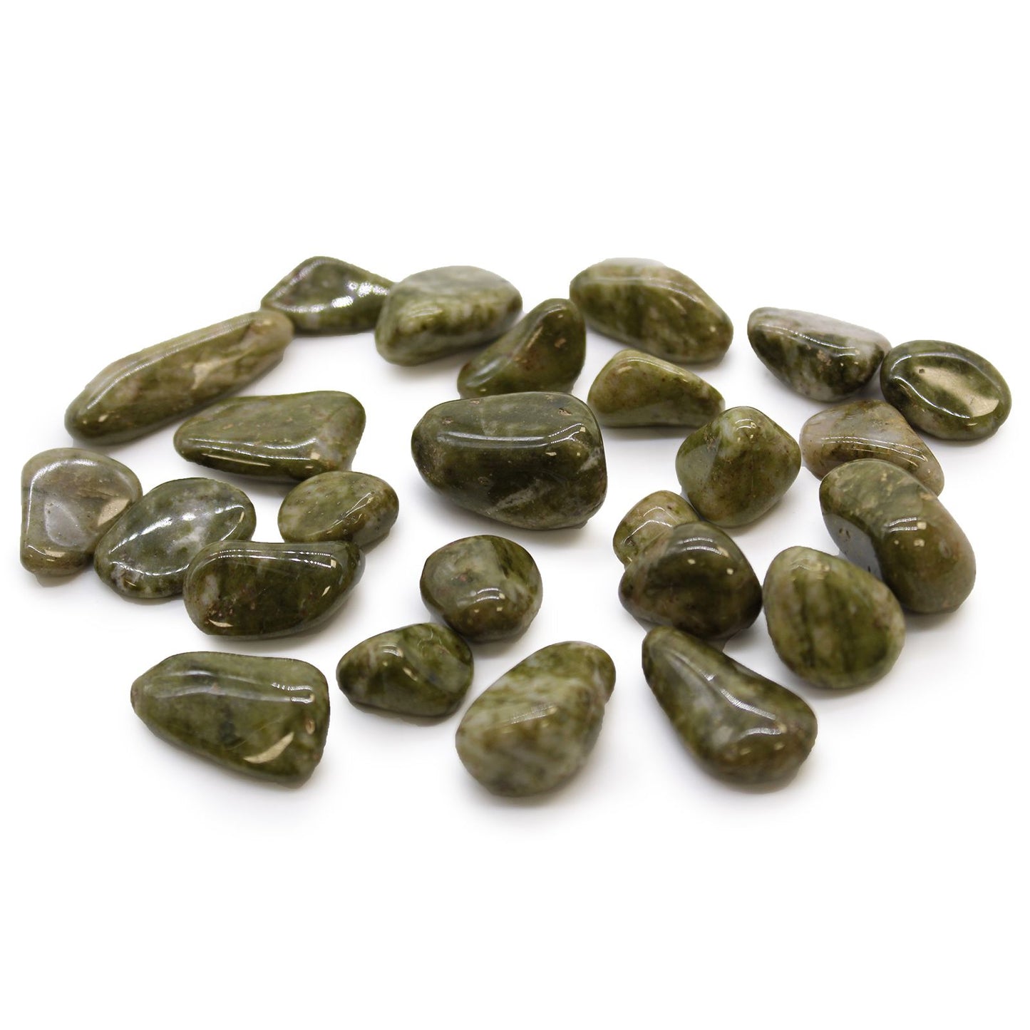 Smooth, light-coloured Epidote Snowflake tumble stones featuring natural quartz inclusions.