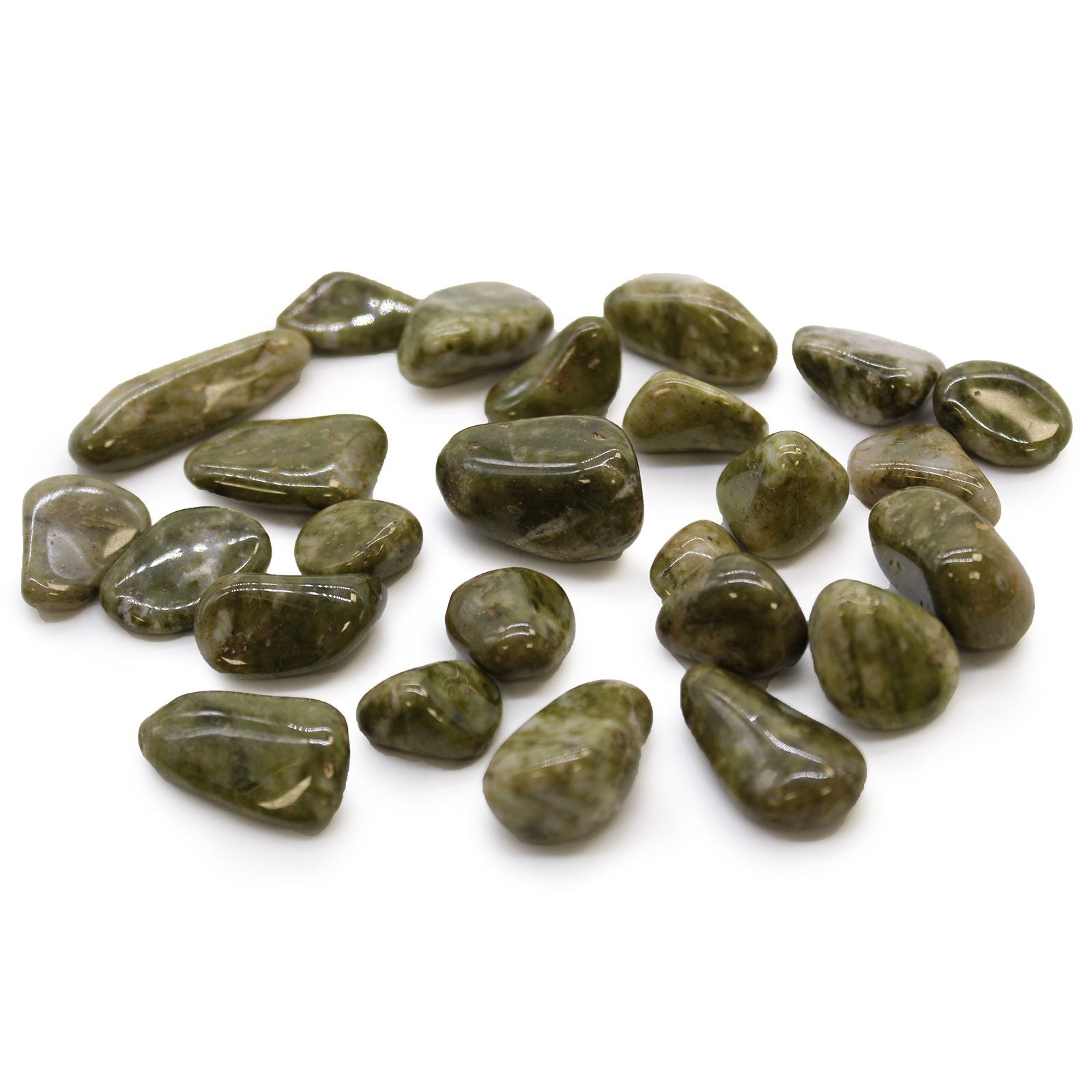 Smooth, light-coloured Epidote Snowflake tumble stones featuring natural quartz inclusions.