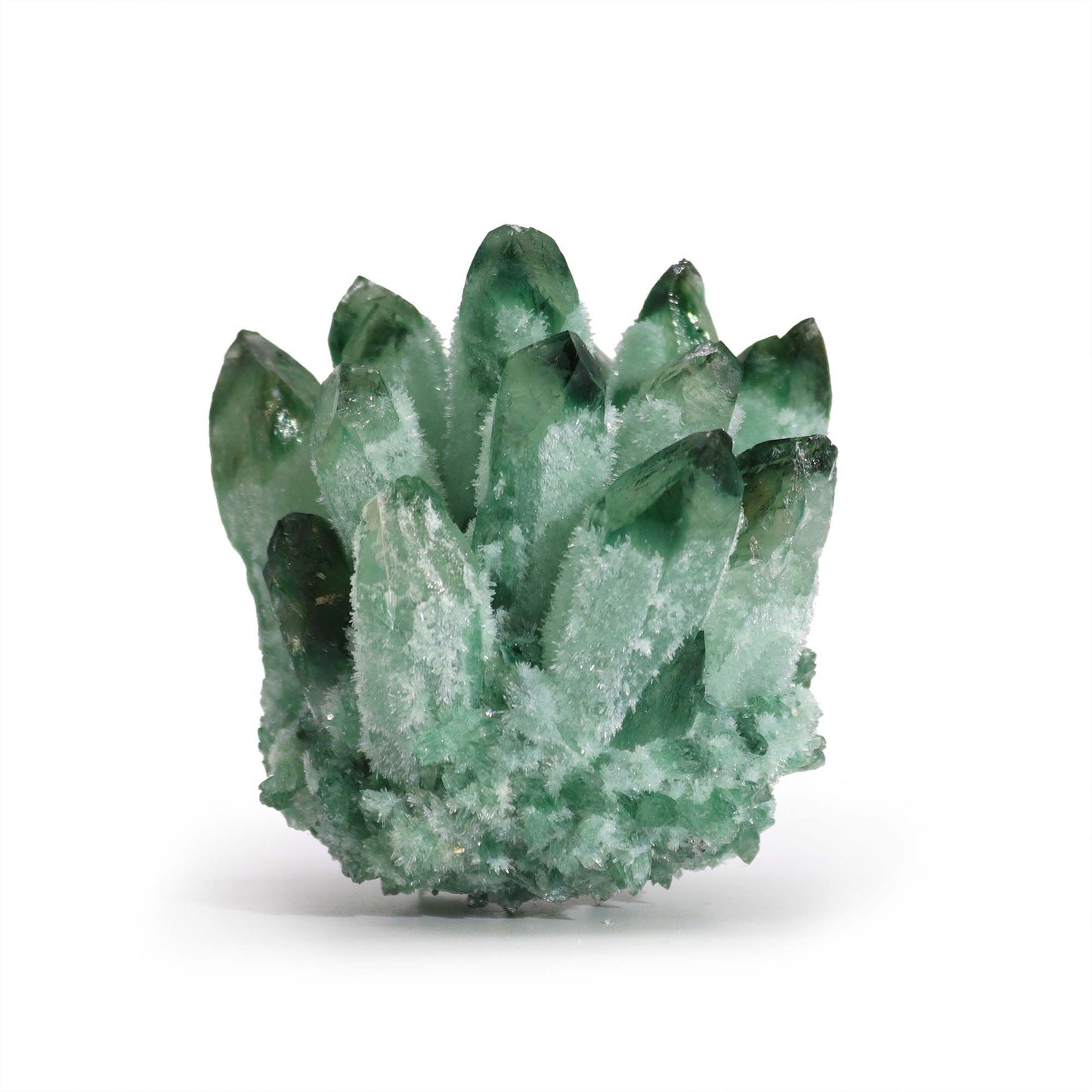 A vibrant green-tinted quartz cluster featuring multiple points and natural crystalline textures.