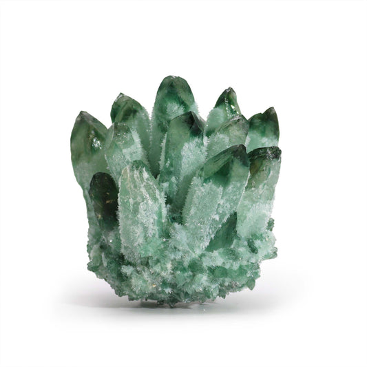 A vibrant green-tinted quartz cluster featuring multiple points and natural crystalline textures.