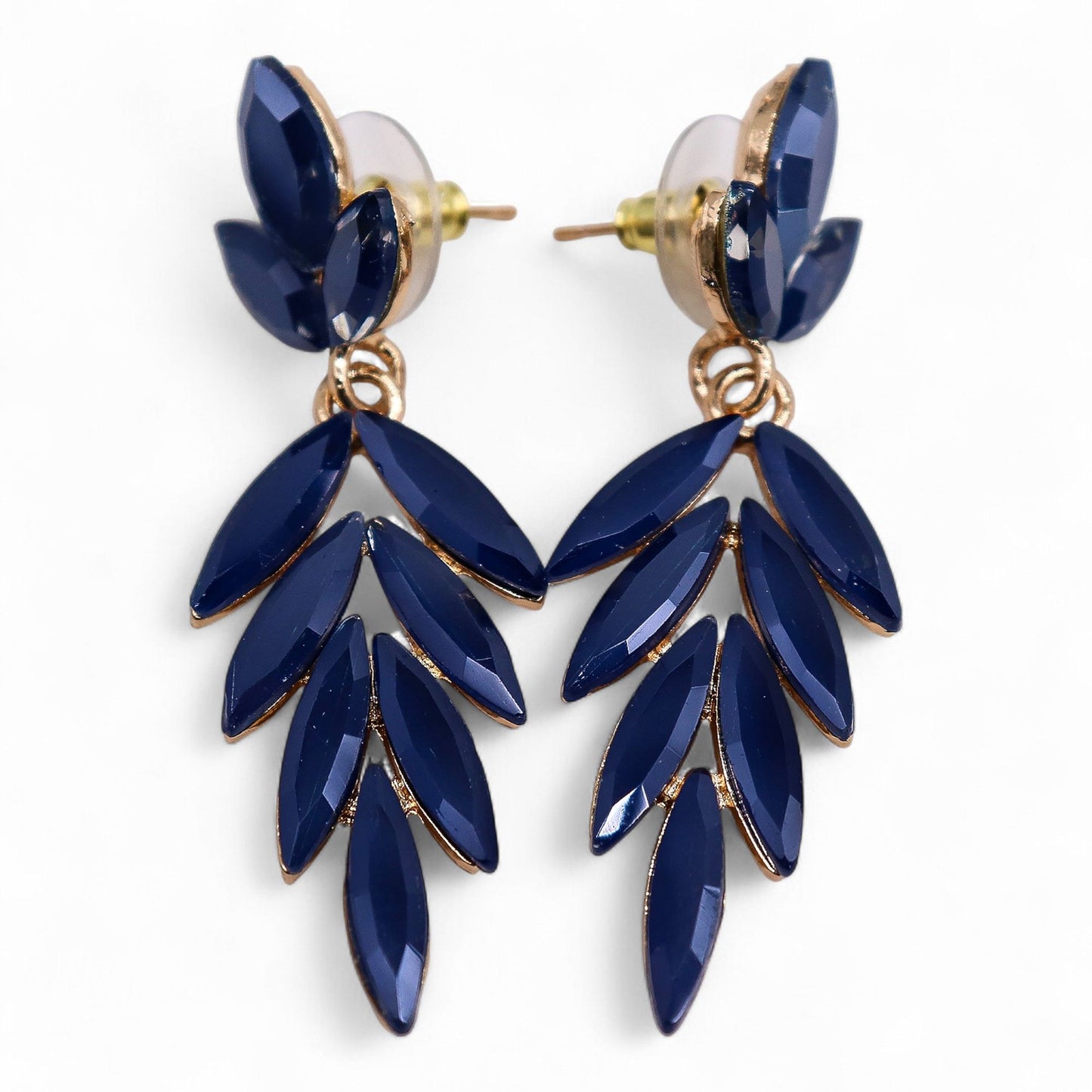 Elegant long drop earrings featuring deep royal blue vintage glass beads suspended from polished stainless steel hooks.