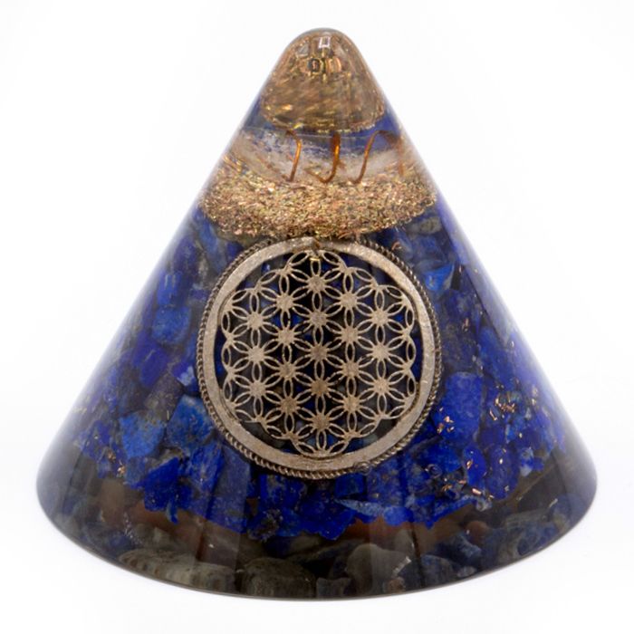 Conical lapis lazuli orgonite pyramid with a gold-tone Flower of Life symbol and a clear quartz point suspended at the top.