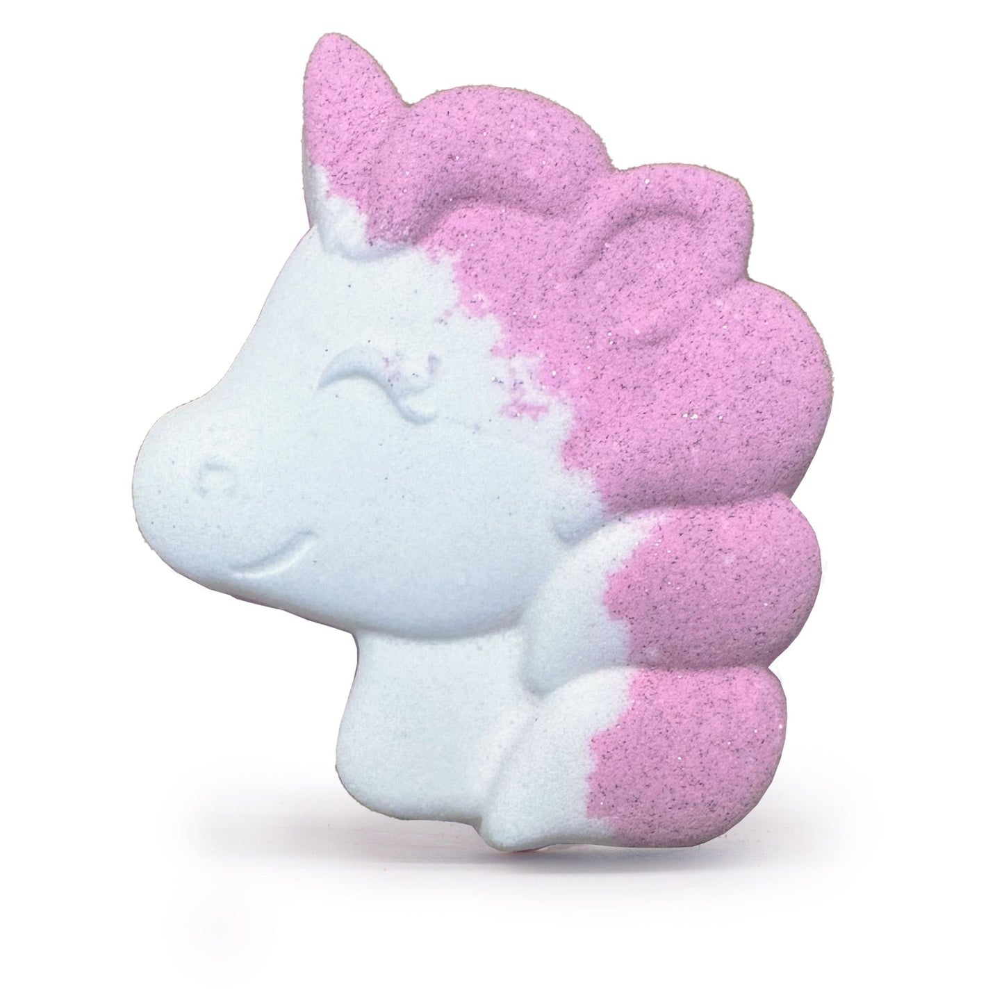 Whimsical unicorn shaped bath bomb with colourful details and a sweet tropical scent.