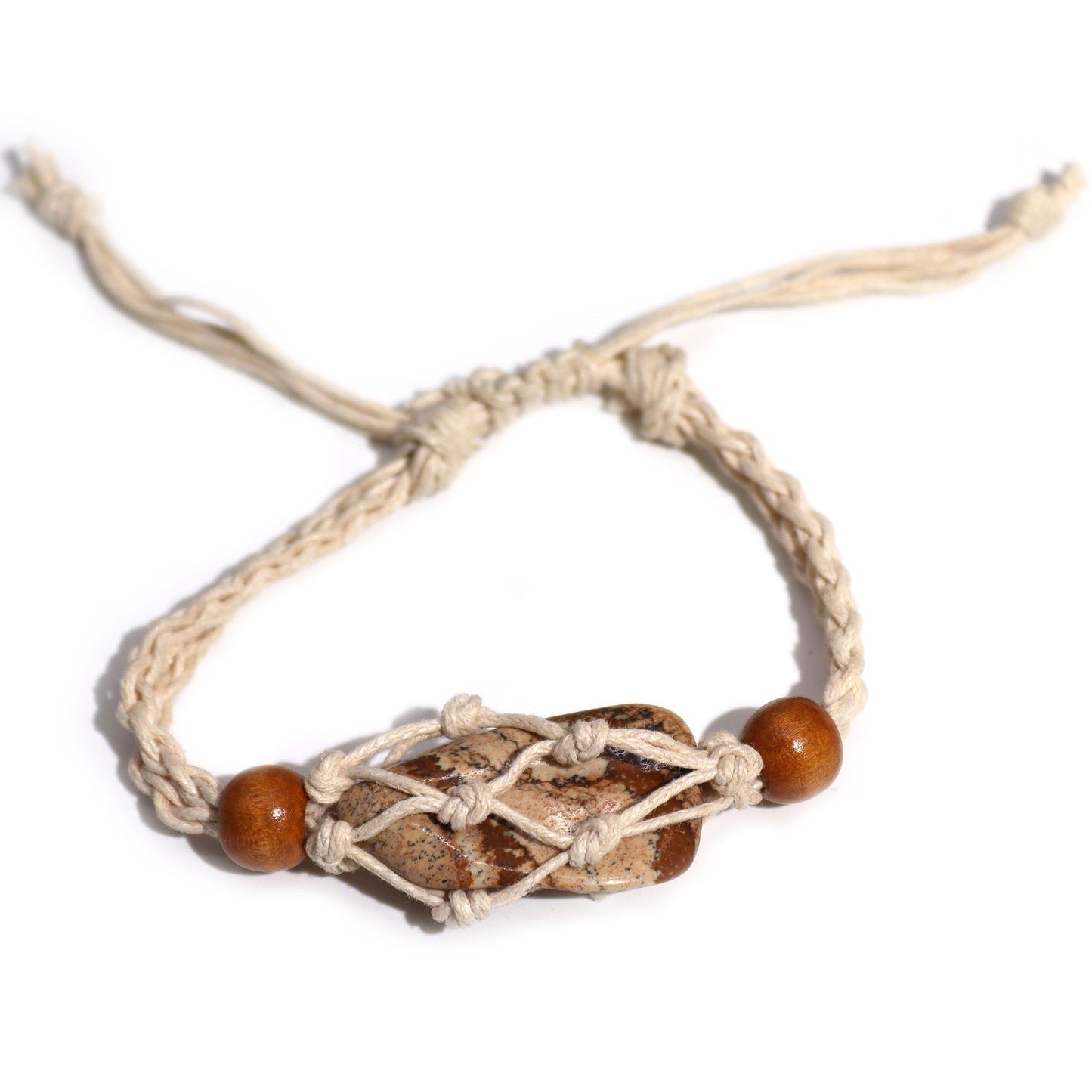 Close-up of a natural-coloured adjustable cord for making gemstone bracelets, showing the durable woven texture.