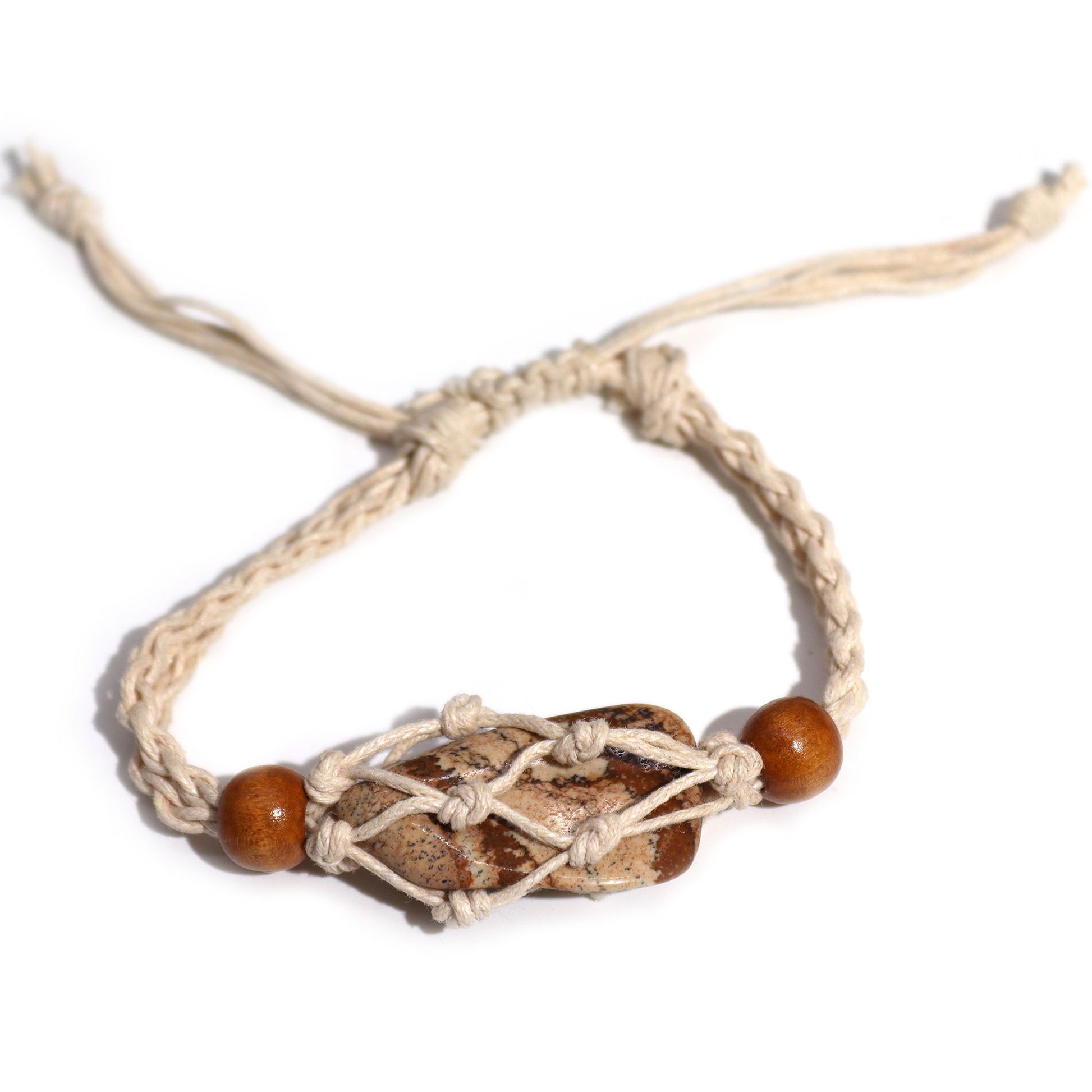 Close-up of a natural-coloured adjustable cord for making gemstone bracelets, showing the durable woven texture.