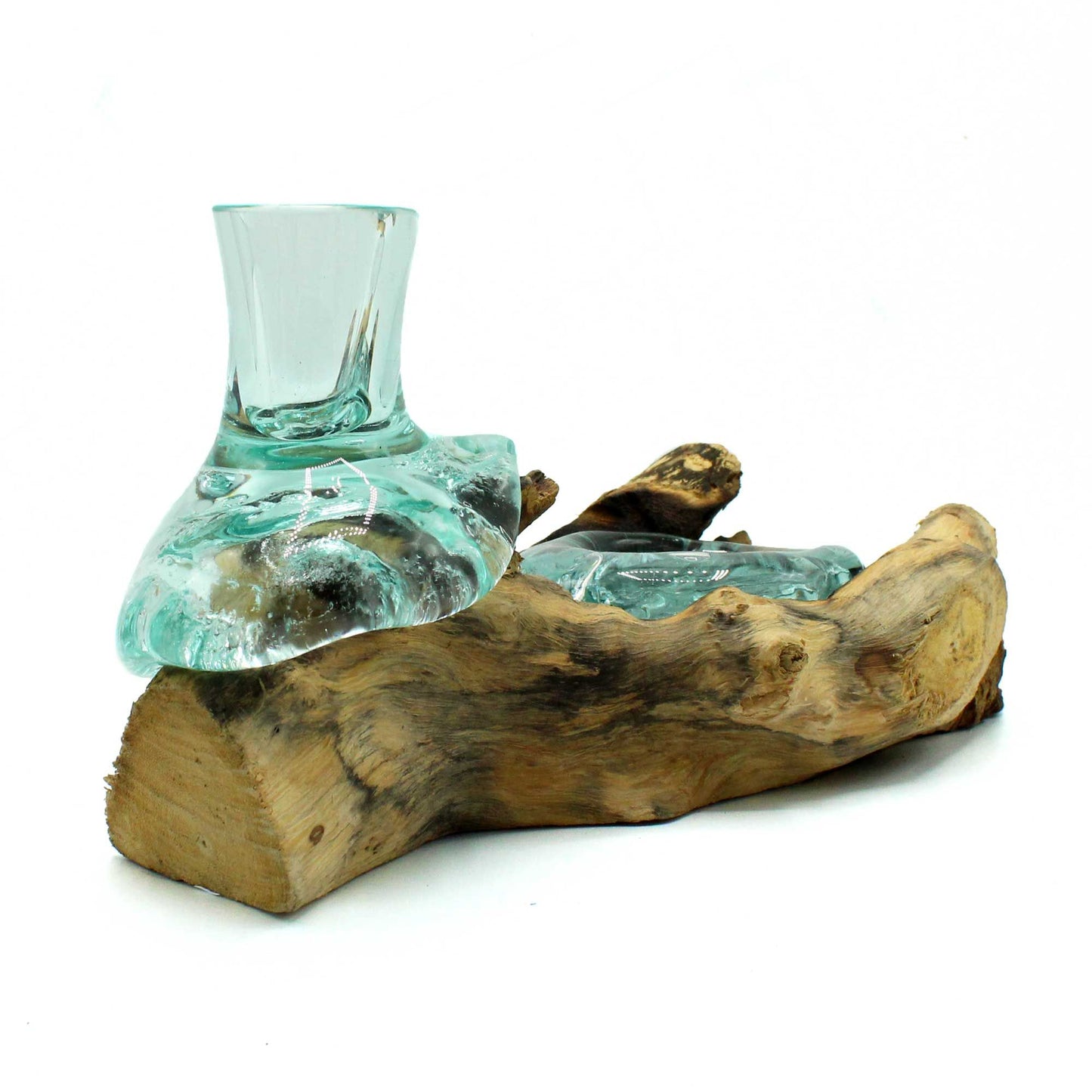 Handcrafted transparent molten glass flower vase and tealight holder shaped over a natural rustic wood base.