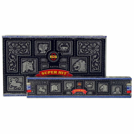 Box and individual sticks of Nagchampa Super Hit incense on a neutral background.
