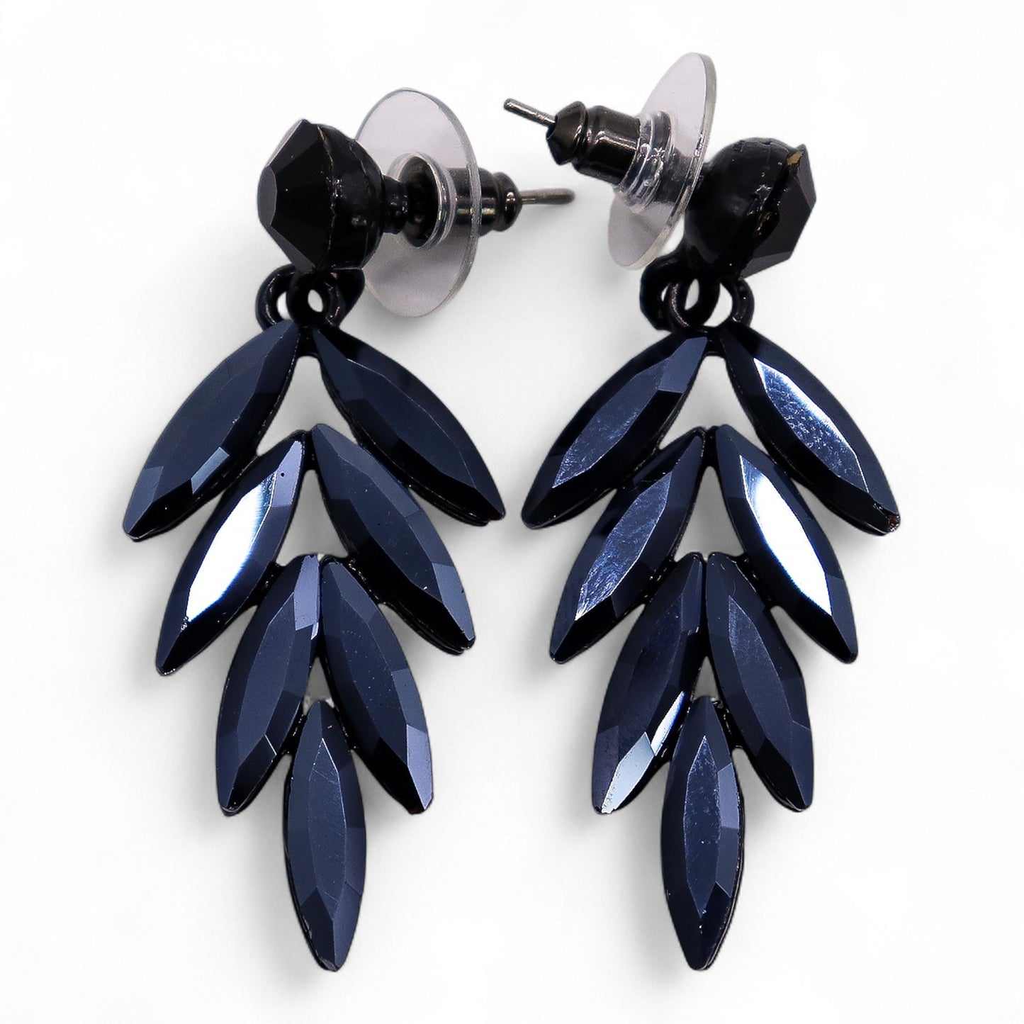 Elegant jet black vintage glass long drop earrings with a sleek stainless steel finish and a gothic, refined design.