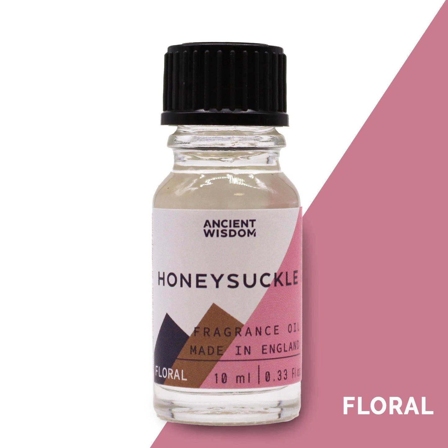 A 10ml amber glass bottle of honeysuckle fragrance oil with a black dropper cap on a neutral background.