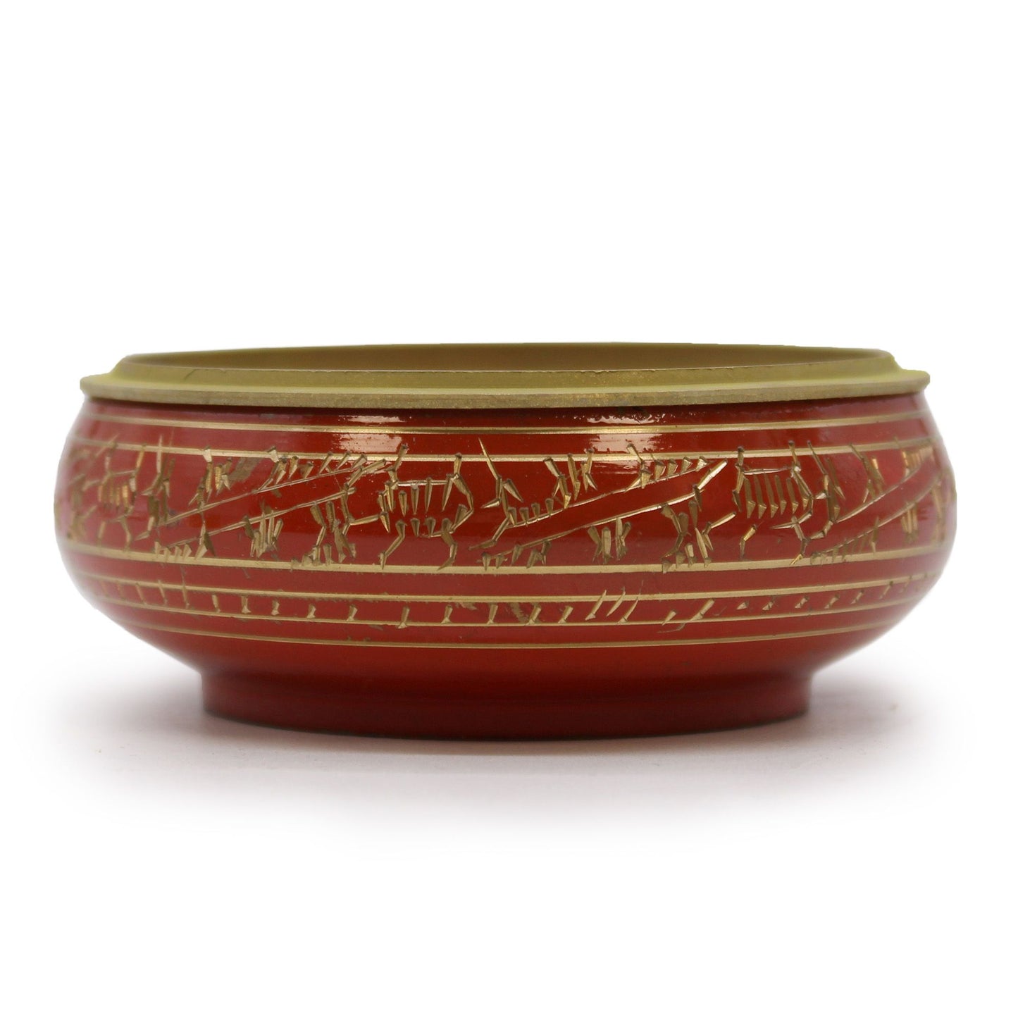 Vibrant red charcoal incense jar with intricate golden patterns and a removable metal grate for resin burning.