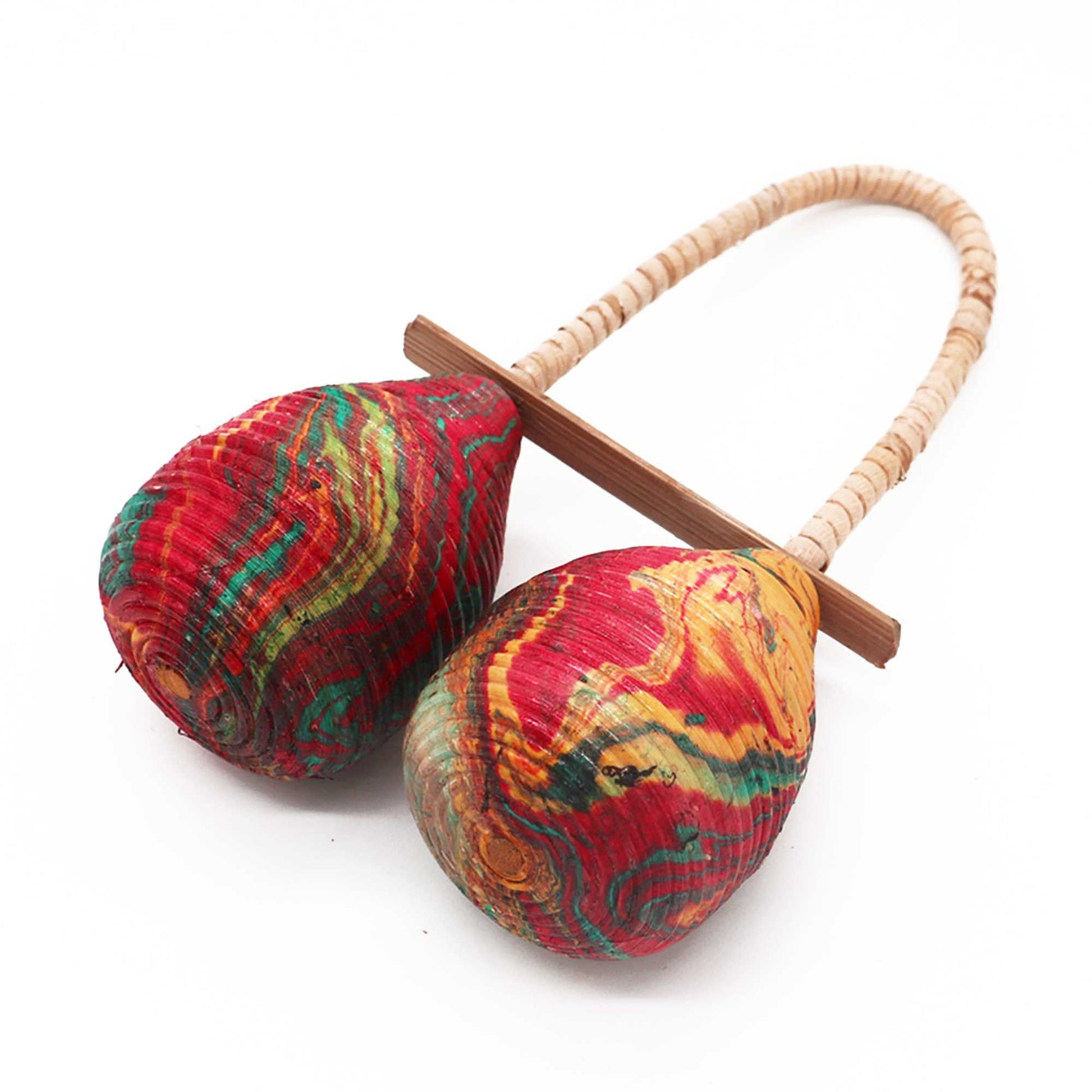 Handcrafted rattan percussion instrument featuring a unique double-loop handle design and natural woven texture.