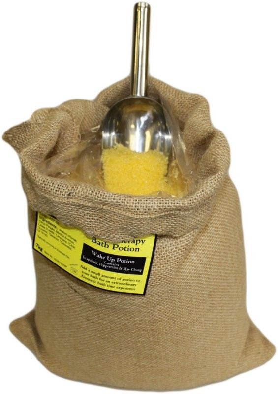 Large rustic hessian sack filled with aromatic bath salts for an invigorating aromatherapy soak.