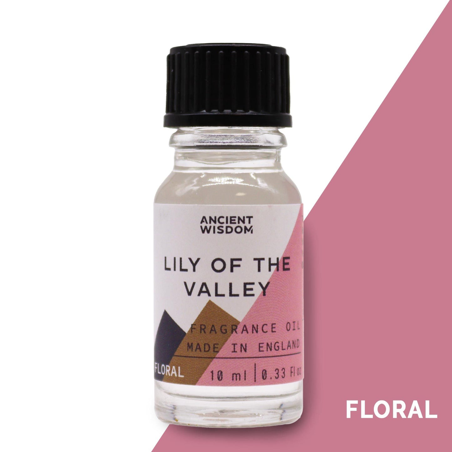 A small amber glass bottle with a white cap containing Lily of the Valley fragrance oil on a neutral background.