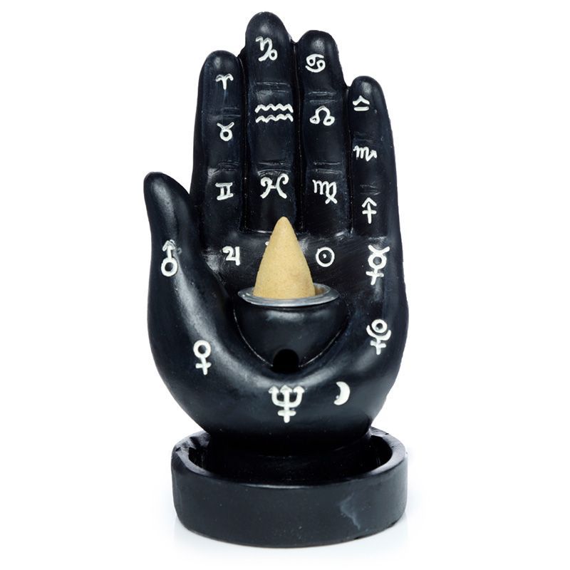 Intricate black backflow incense burner shaped like a palm with tarot symbols, featuring a cascading smoke effect.